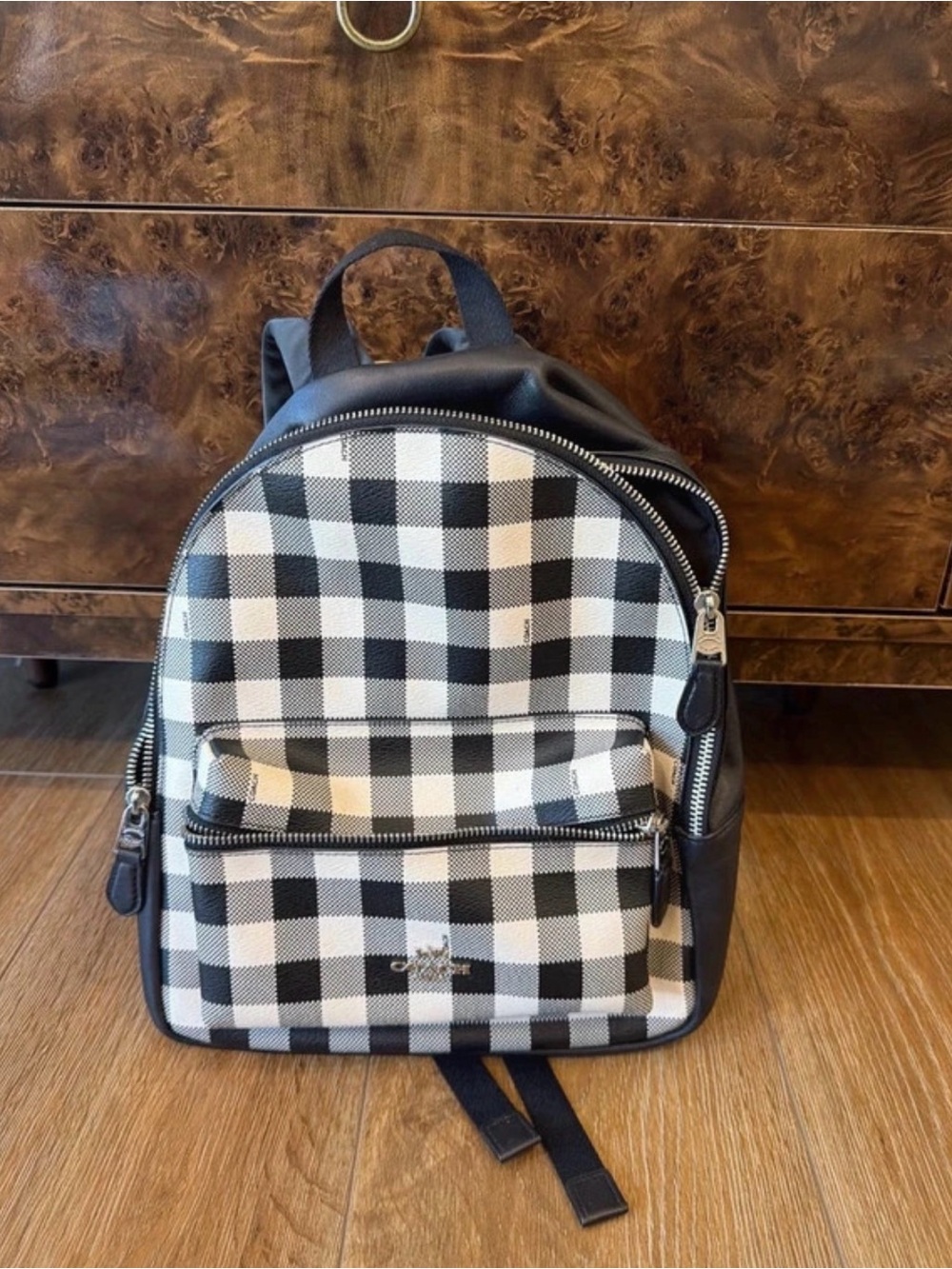 Coach Black and White Gingham Mini Backpack